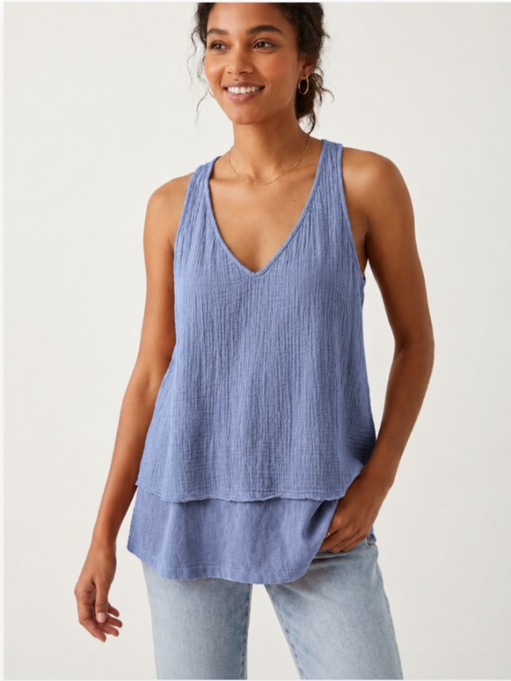 Velvet by Graham & Spencer Layered Cotton Gauze V-Neck Tank Top Blue Size Small